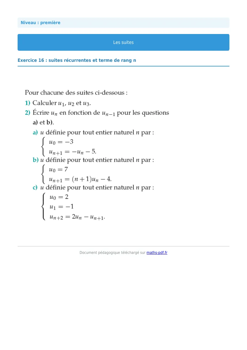 Les suites : exercice n°16 de maths en première corrigé en PDF