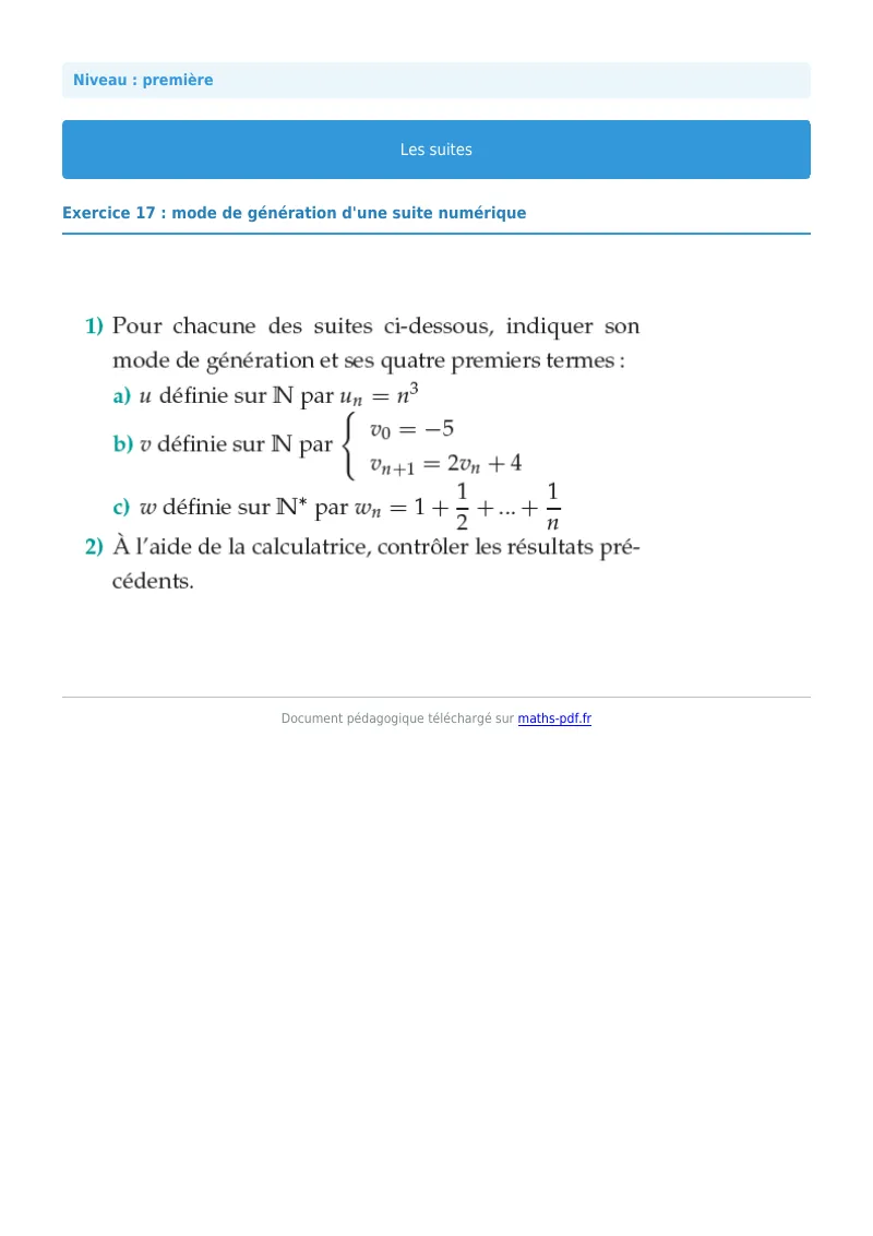 Les suites : exercice n°17 de maths en première corrigé en PDF