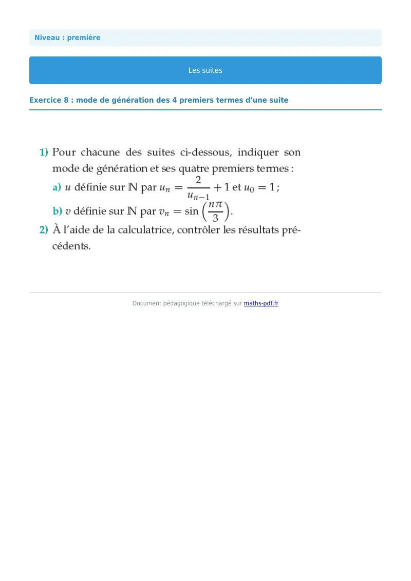 Les suites : exercice n°8 de maths en première corrigé en PDF