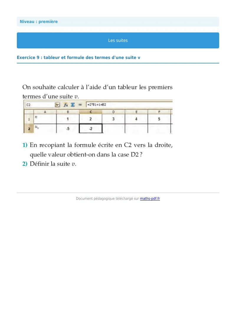 Les suites : exercice n°9 de maths en première corrigé en PDF