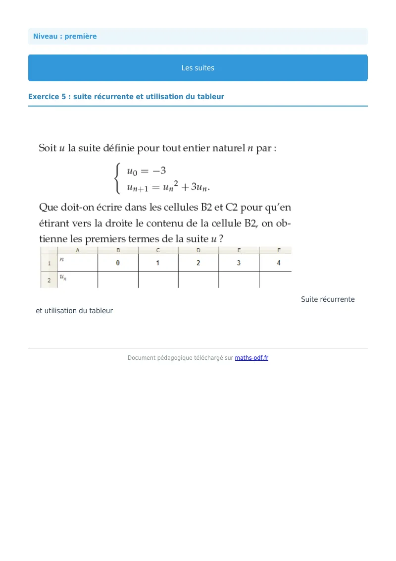 Les suites : exercice n°5 de maths en première corrigé en PDF