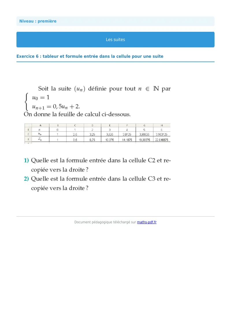 Les suites : exercice n°6 de maths en première corrigé en PDF