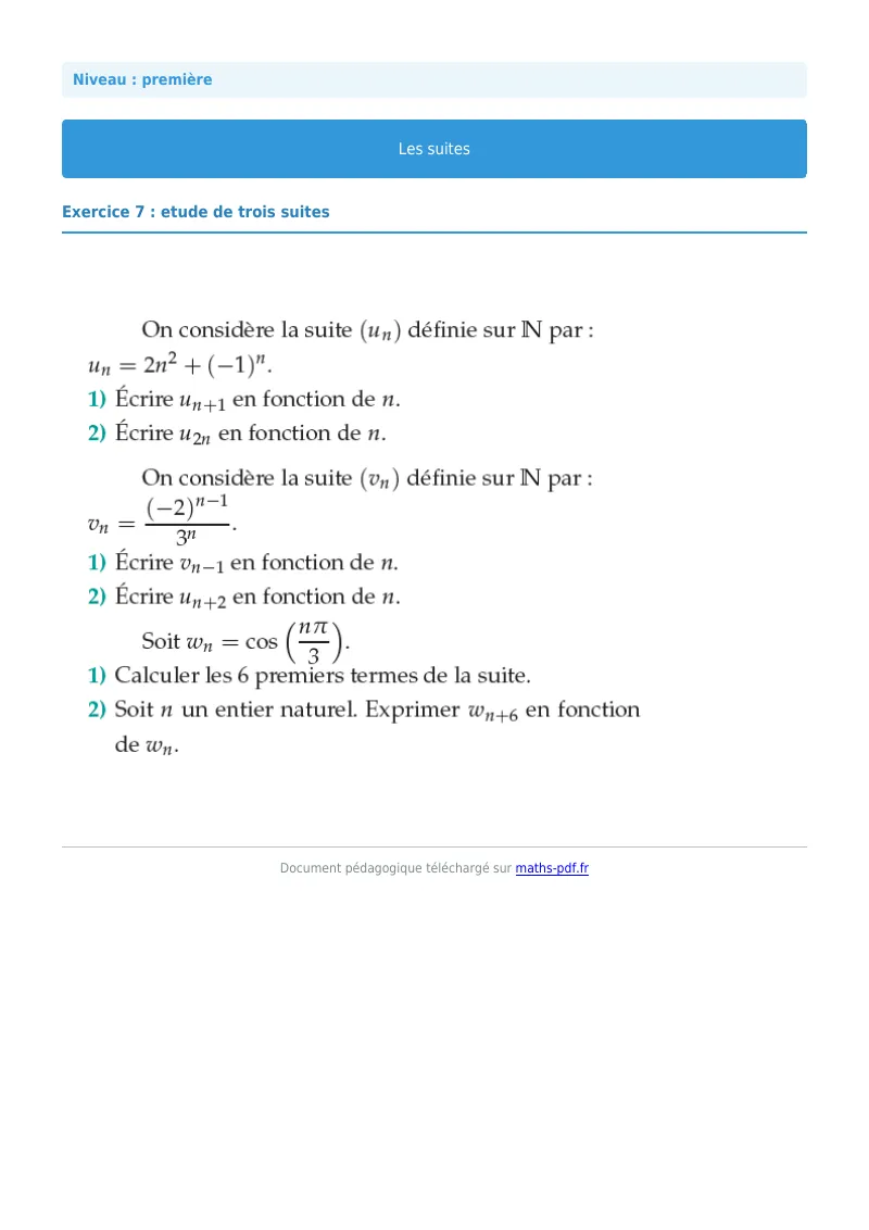 Les suites : exercice n°7 de maths en première corrigé en PDF