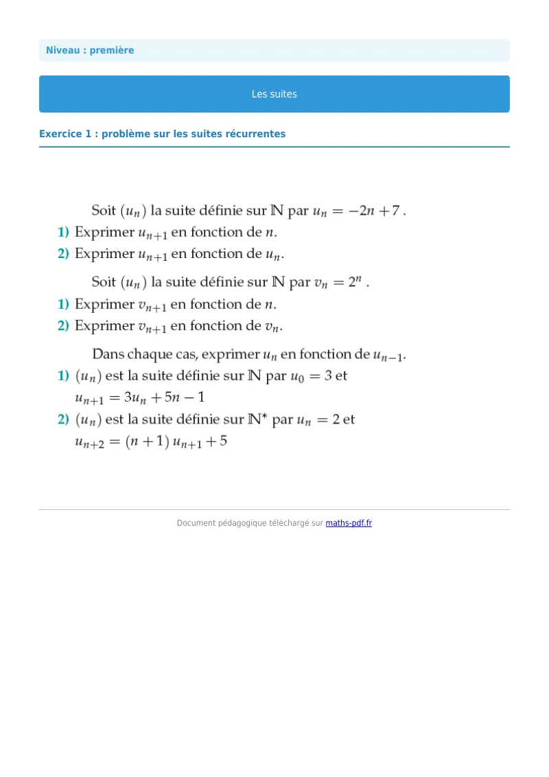 Les suites : exercice n°1 de maths en première corrigé en PDF