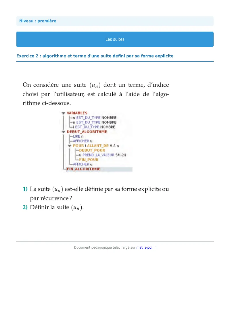 Les suites : exercice n°2 de maths en première corrigé en PDF