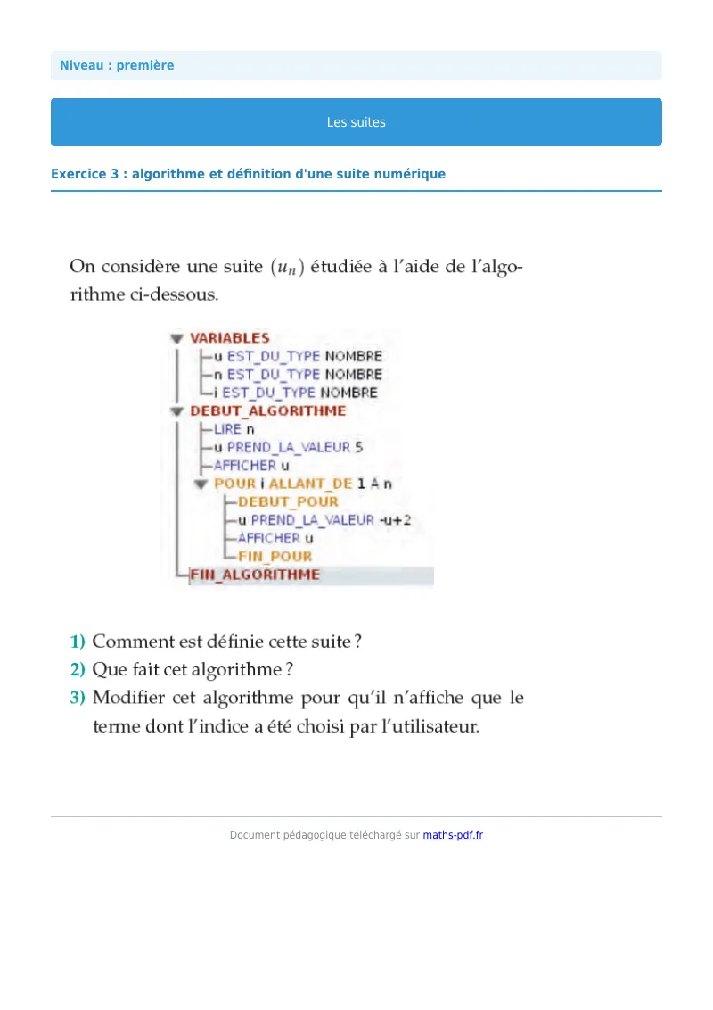 Les suites : exercice n°3 de maths en première corrigé en PDF