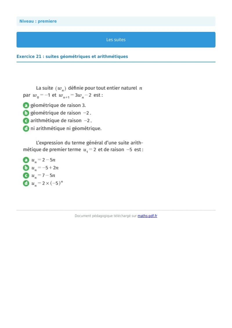 Les suites : exercice n°21 de maths en première corrigé en PDF