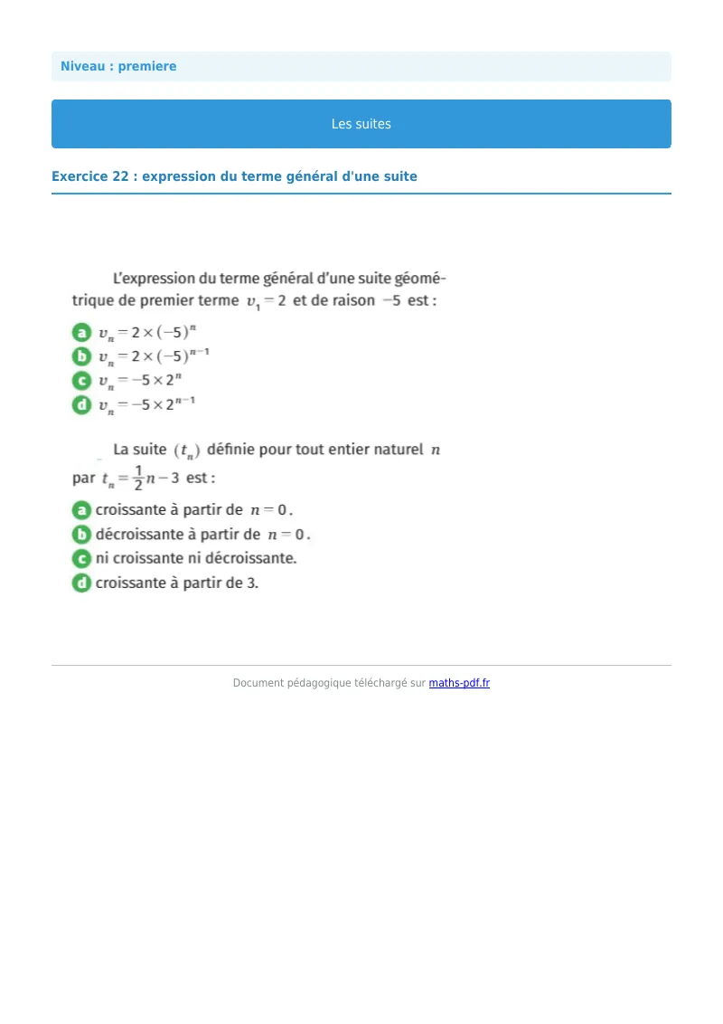 Les suites : exercice n°22 de maths en première corrigé en PDF