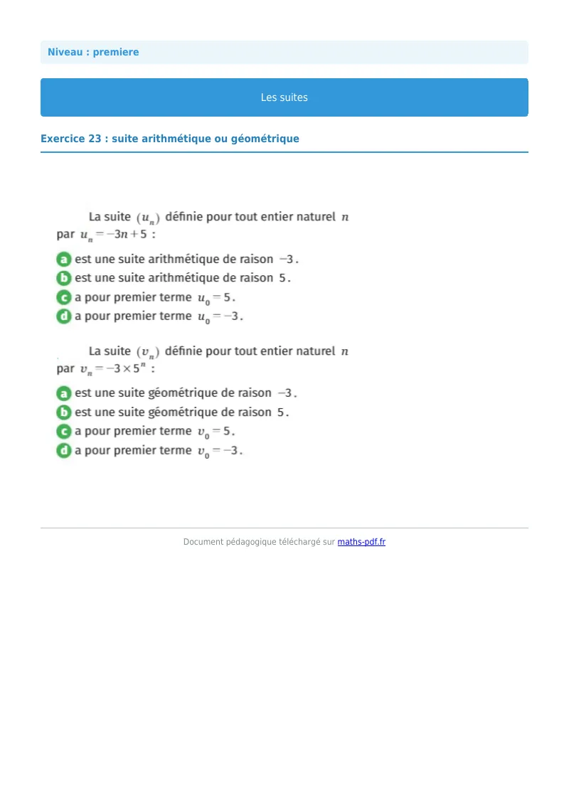 Les suites : exercice n°23 de maths en première corrigé en PDF