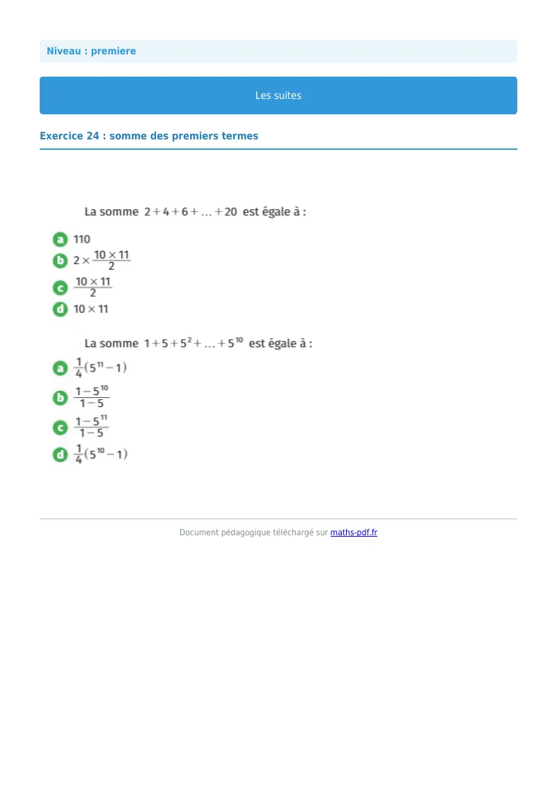 Les suites : exercice n°24 de maths en première corrigé en PDF