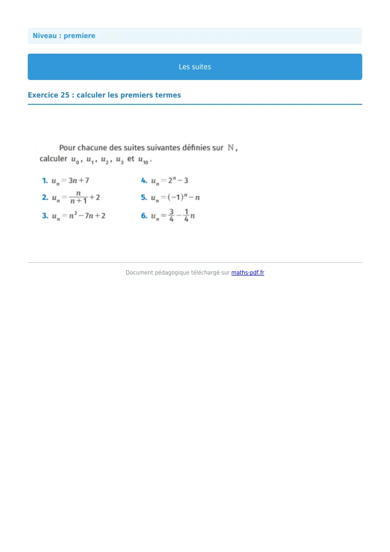 Les suites : exercice n°25 de maths en première corrigé en PDF