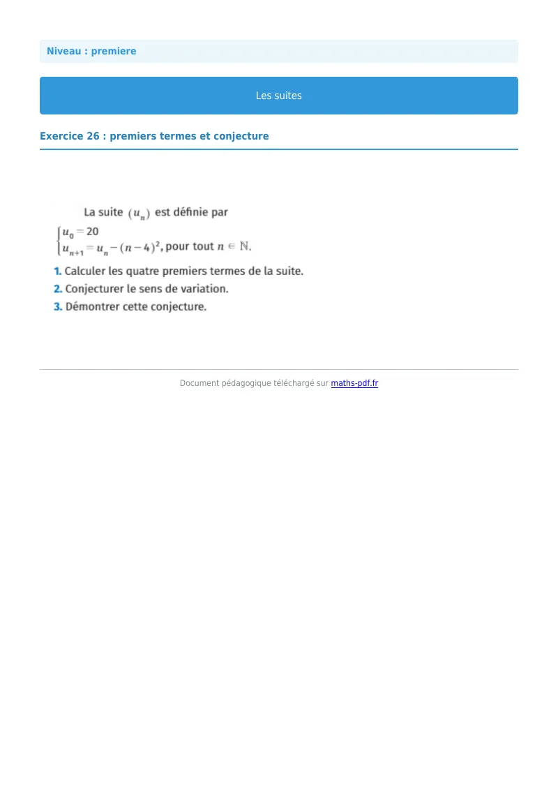 Les suites : exercice n°26 de maths en première corrigé en PDF