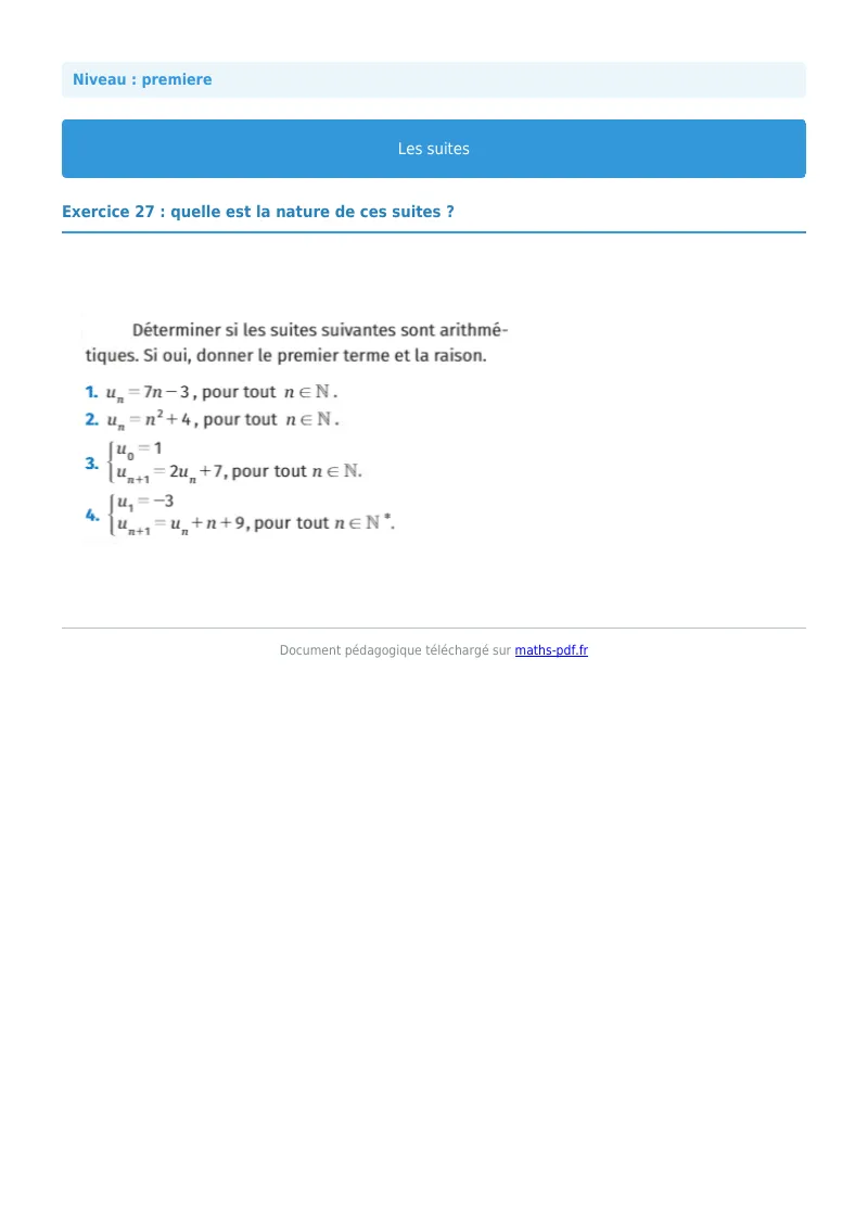 Les suites : exercice n°27 de maths en première corrigé en PDF