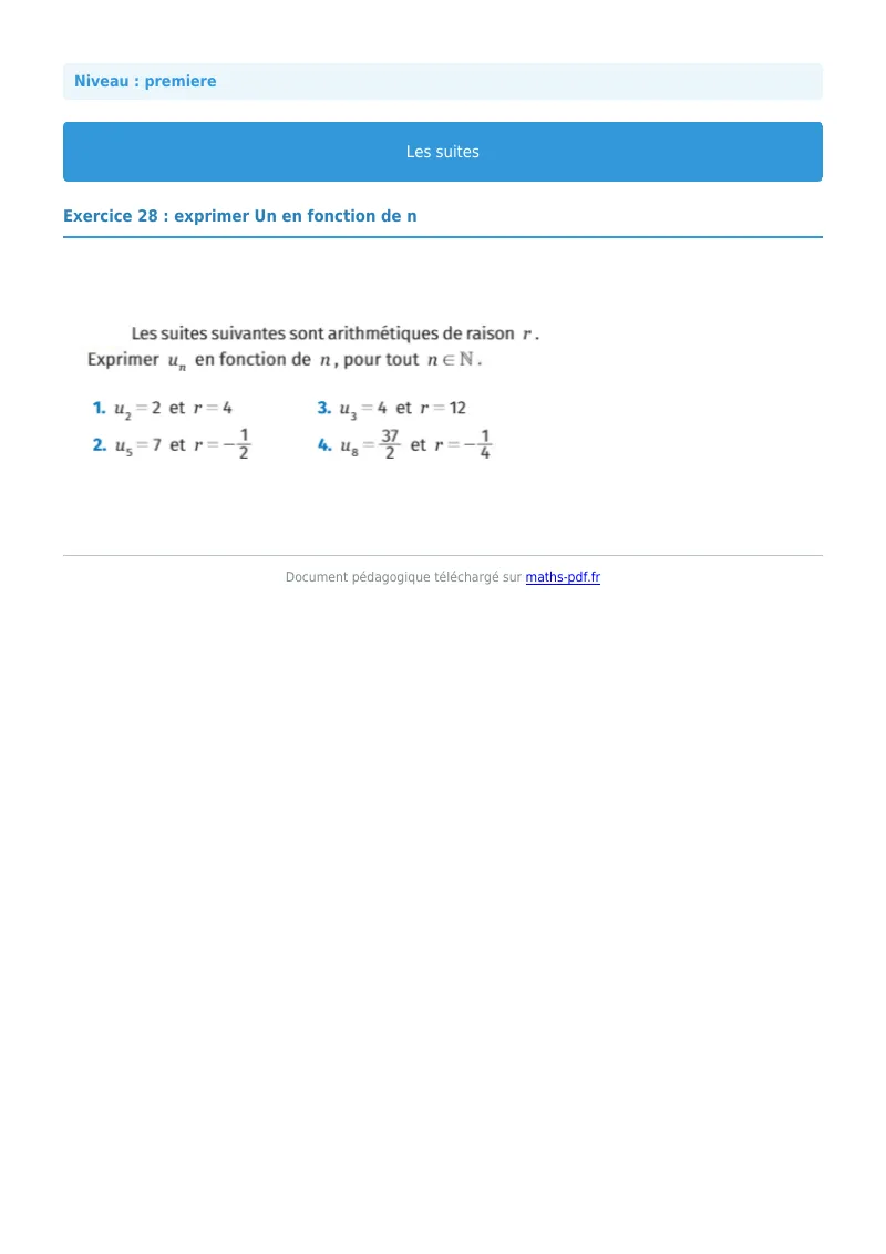 Les suites : exercice n°28 de maths en première corrigé en PDF