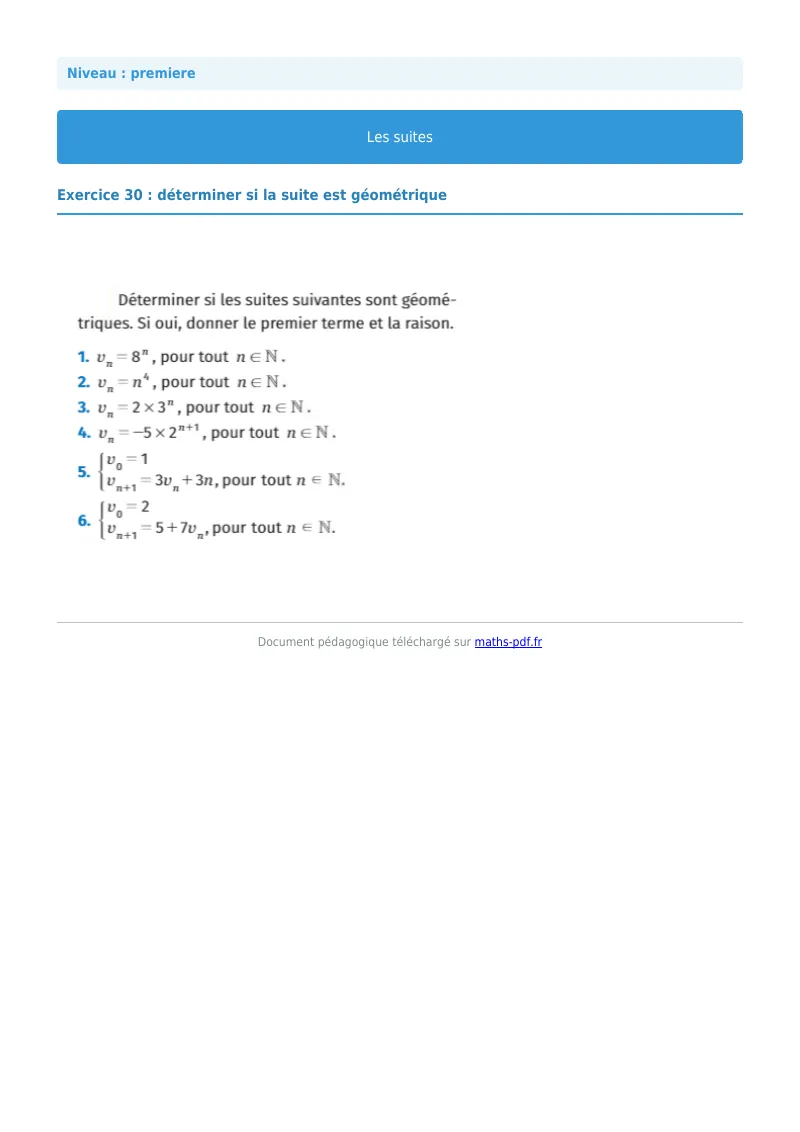 Les suites : exercice n°30 de maths en première corrigé en PDF