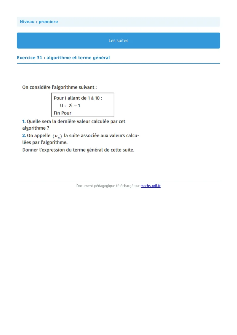 Les suites : exercice n°31 de maths en première corrigé en PDF
