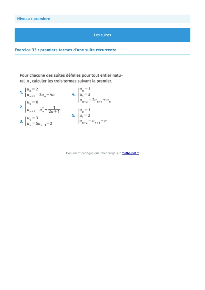 Les suites : exercice n°33 de maths en première corrigé en PDF