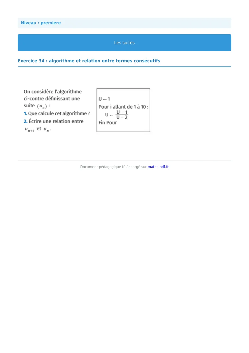 Les suites : exercice n°34 de maths en première corrigé en PDF