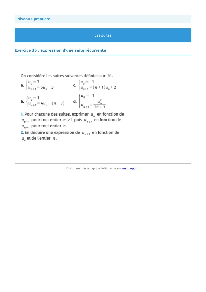 Les suites : exercice n°35 de maths en première corrigé en PDF