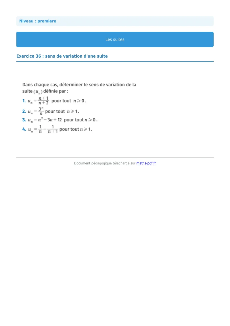 Les suites : exercice n°36 de maths en première corrigé en PDF