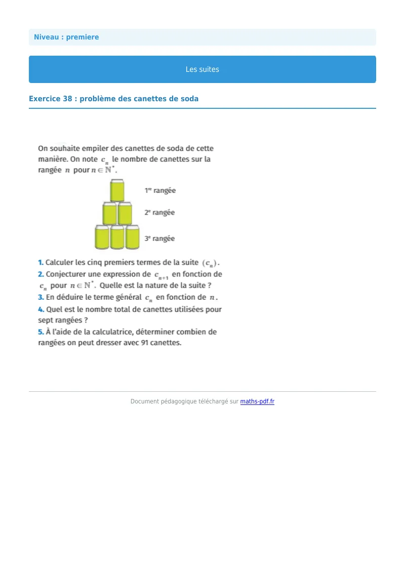 Les suites : exercice n°38 de maths en première corrigé en PDF