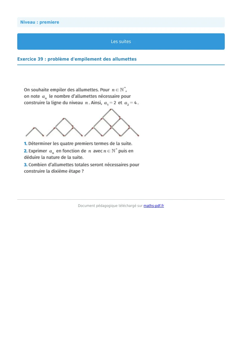 Les suites : exercice n°39 de maths en première corrigé en PDF
