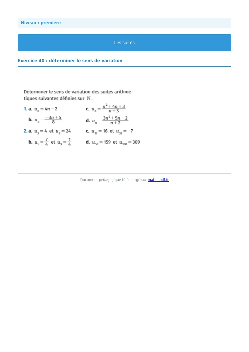 Les suites : exercice n°40 de maths en première corrigé en PDF