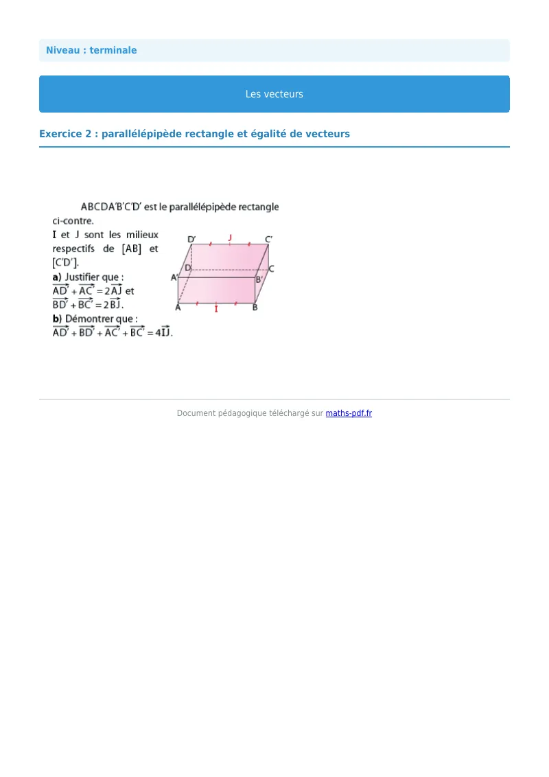 Vecteurs de l’espace : exercice n°2 de maths en terminale corrigé en PDF