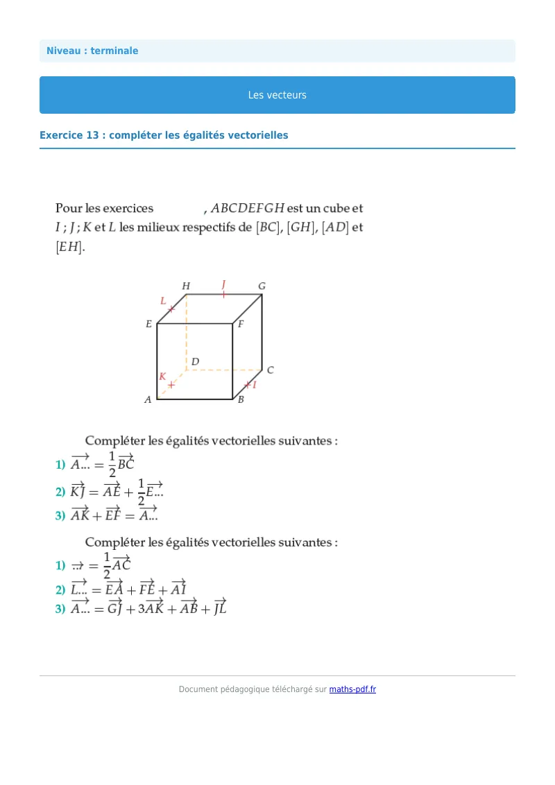 Vecteurs de l’espace : exercice n°13 de maths en terminale corrigé en PDF
