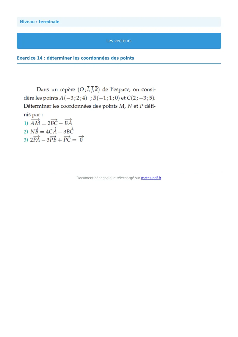 Vecteurs de l’espace : exercice n°14 de maths en terminale corrigé en PDF