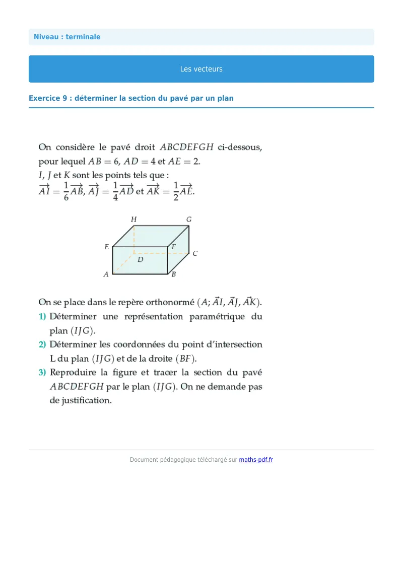 Vecteurs de l’espace : exercice n°9 de maths en terminale corrigé en PDF