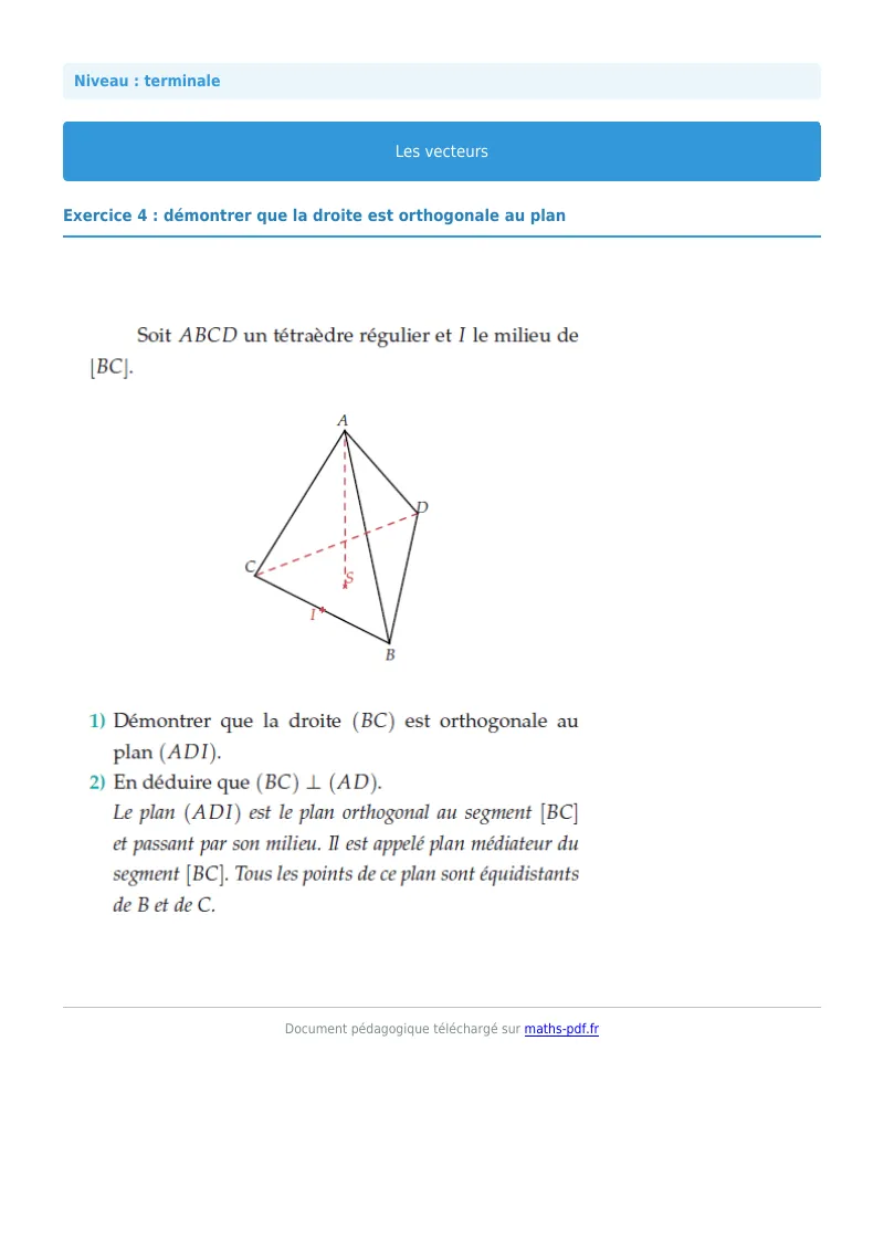 Vecteurs de l’espace : exercice n°4 de maths en terminale corrigé en PDF