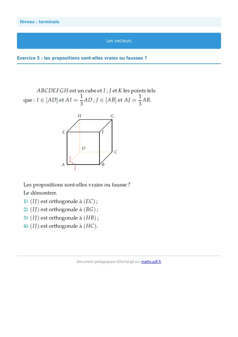 Vecteurs de l’espace : exercice n°5 de maths en terminale corrigé en PDF