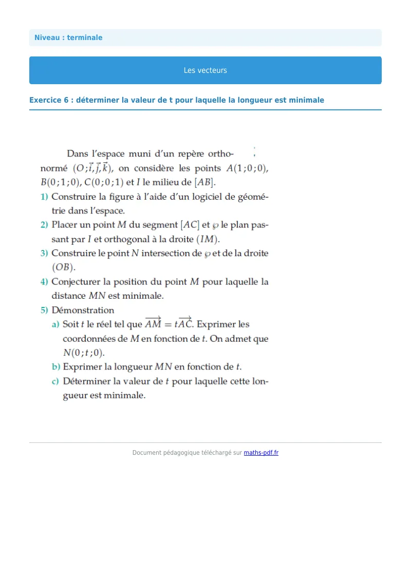 Vecteurs de l’espace : exercice n°6 de maths en terminale corrigé en PDF