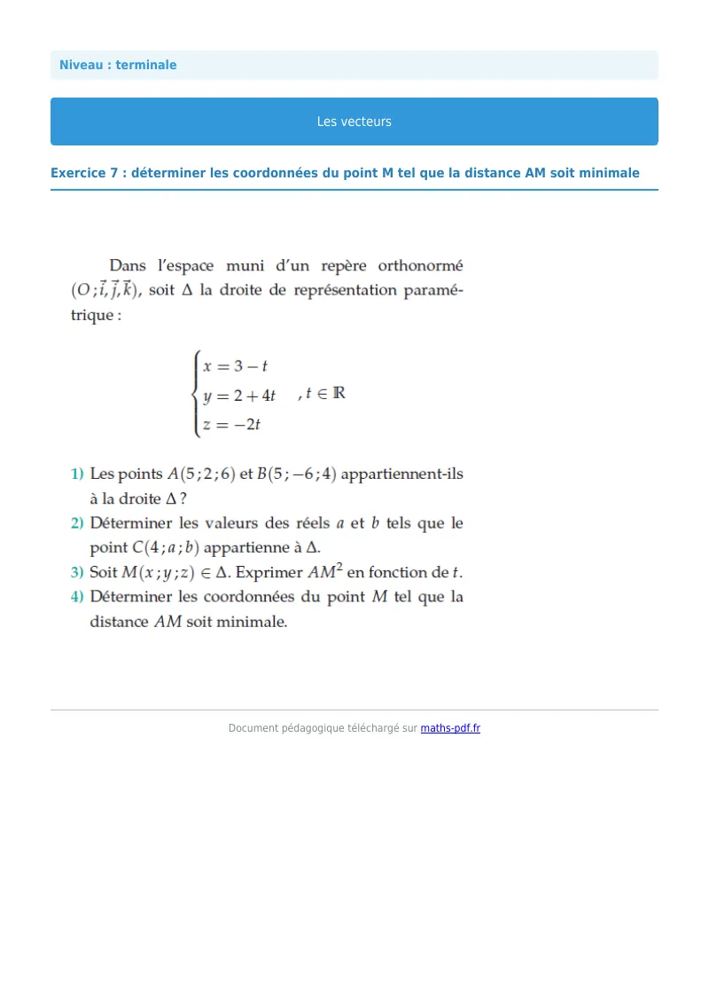 Vecteurs de l’espace : exercice n°7 de maths en terminale corrigé en PDF