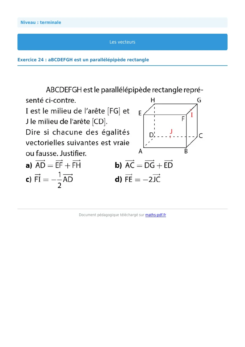 Vecteurs de l’espace : exercice n°24 de maths en terminale corrigé en PDF