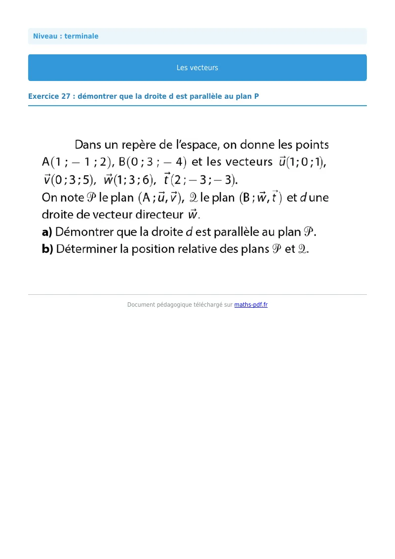 Vecteurs de l’espace : exercice n°27 de maths en terminale corrigé en PDF