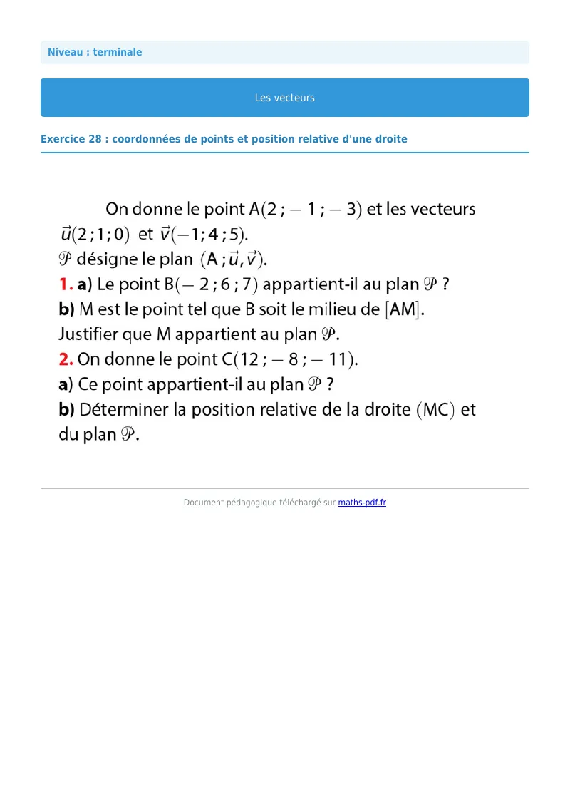 Vecteurs de l’espace : exercice n°28 de maths en terminale corrigé en PDF