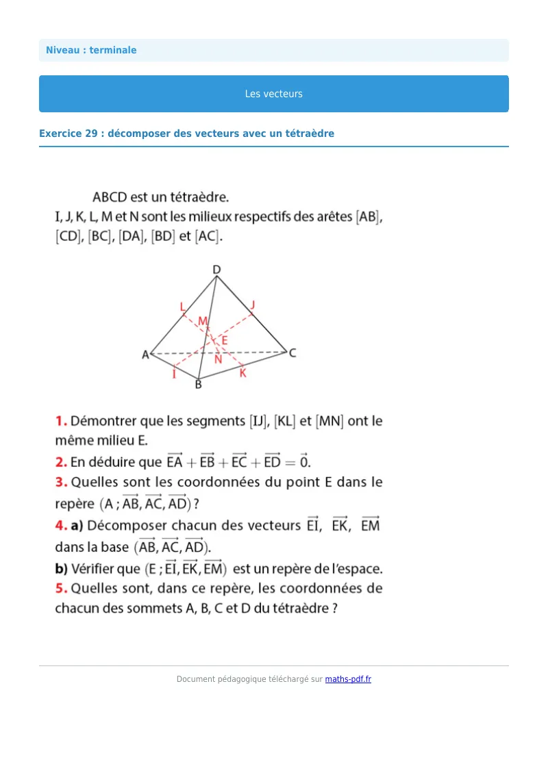 Vecteurs de l’espace : exercice n°29 de maths en terminale corrigé en PDF