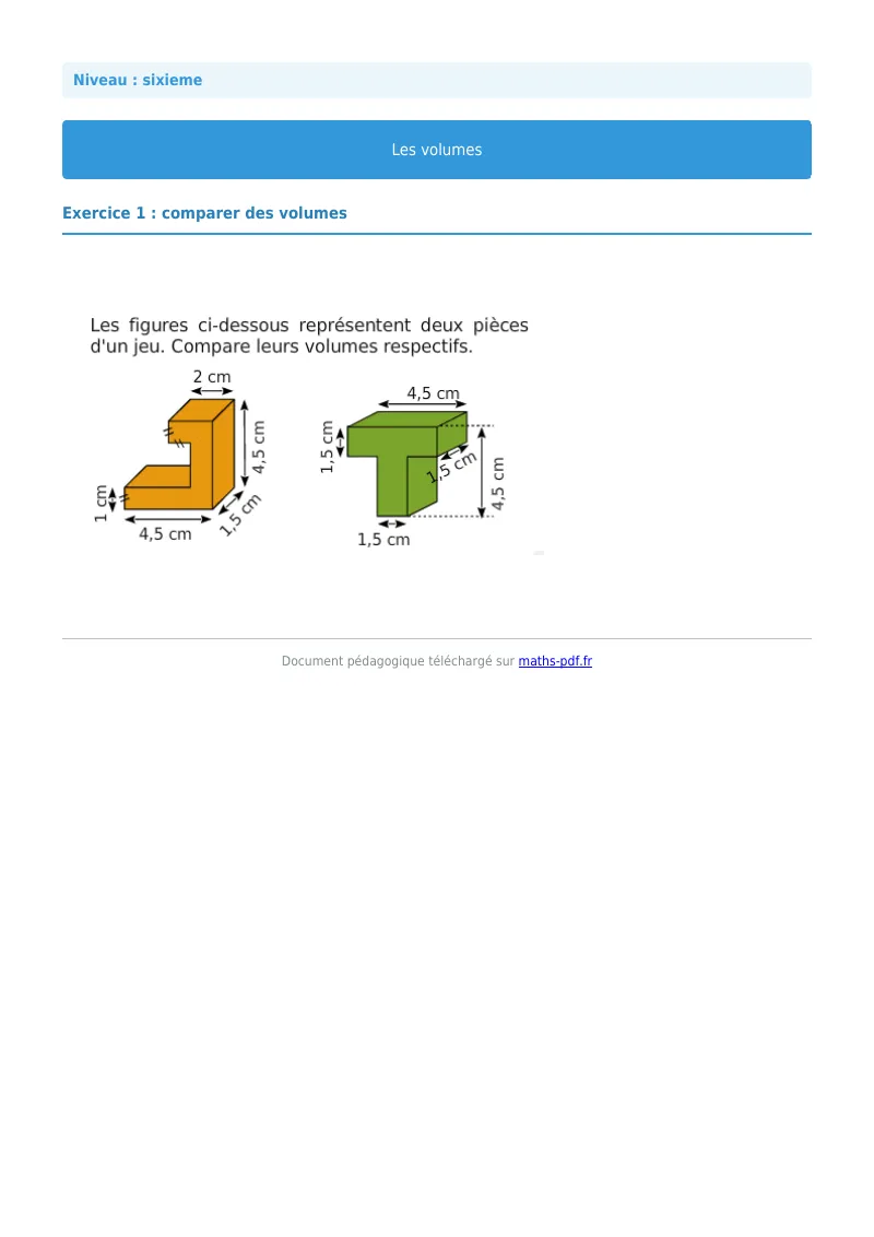 Volumes de solides : exercice n°1 de maths en 6ème corrigé en PDF