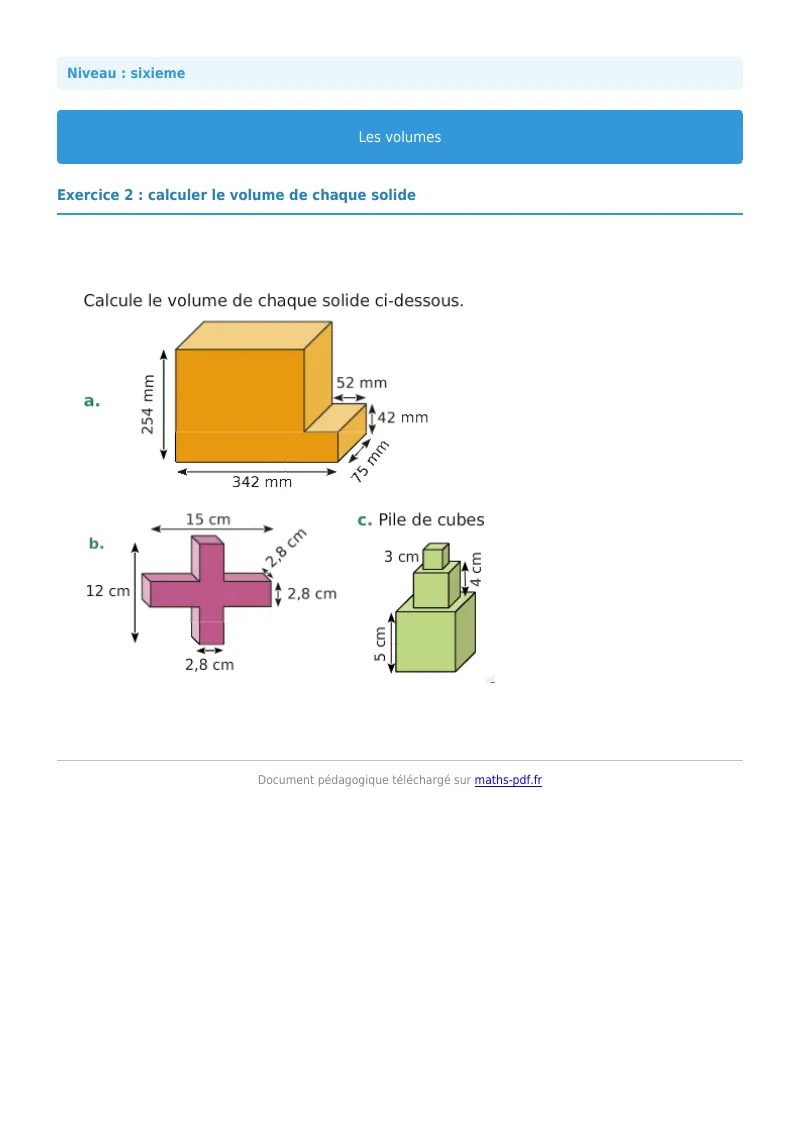 Volumes de solides : exercice n°2 de maths en 6ème corrigé en PDF