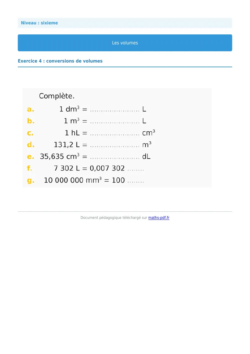 Volumes de solides : exercice n°4 de maths en 6ème corrigé en PDF
