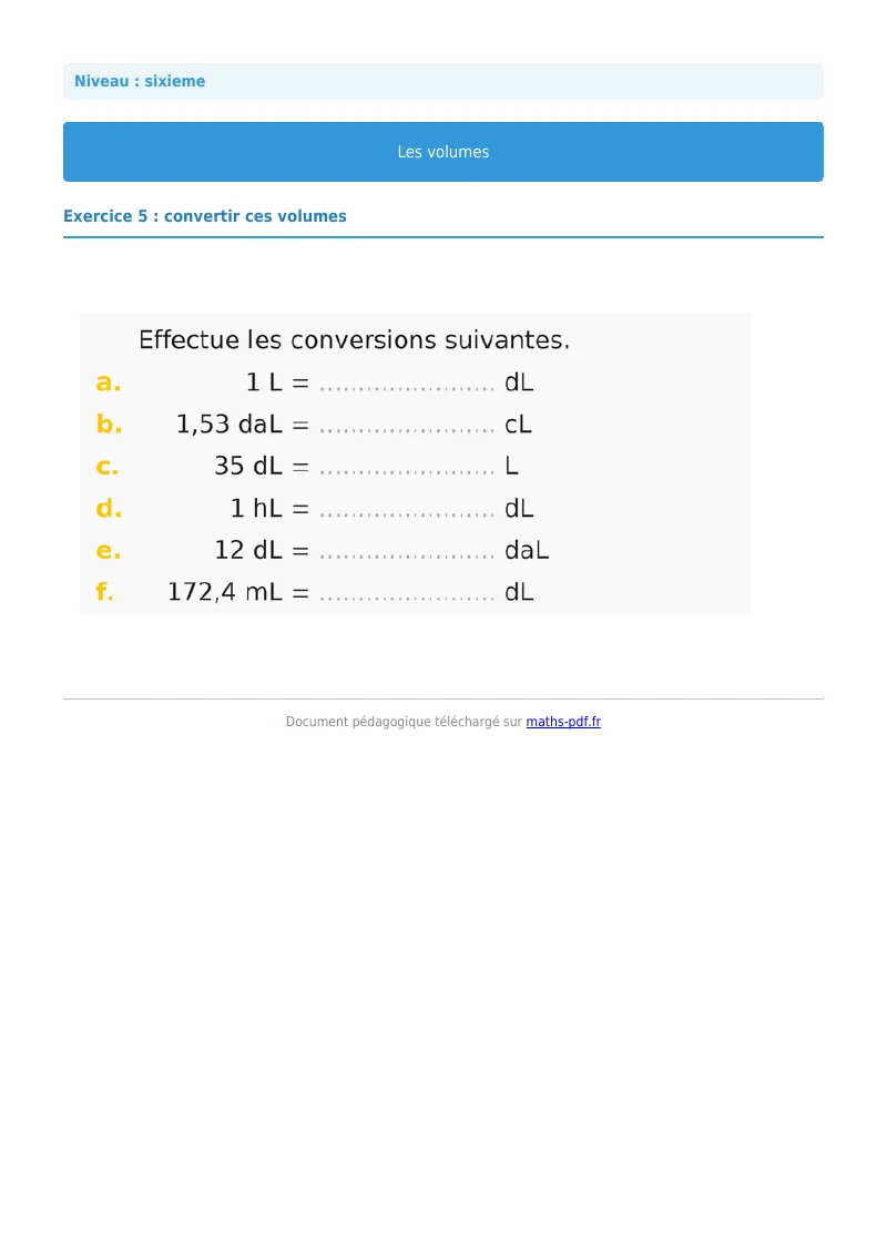Volumes de solides : exercice n°5 de maths en 6ème corrigé en PDF