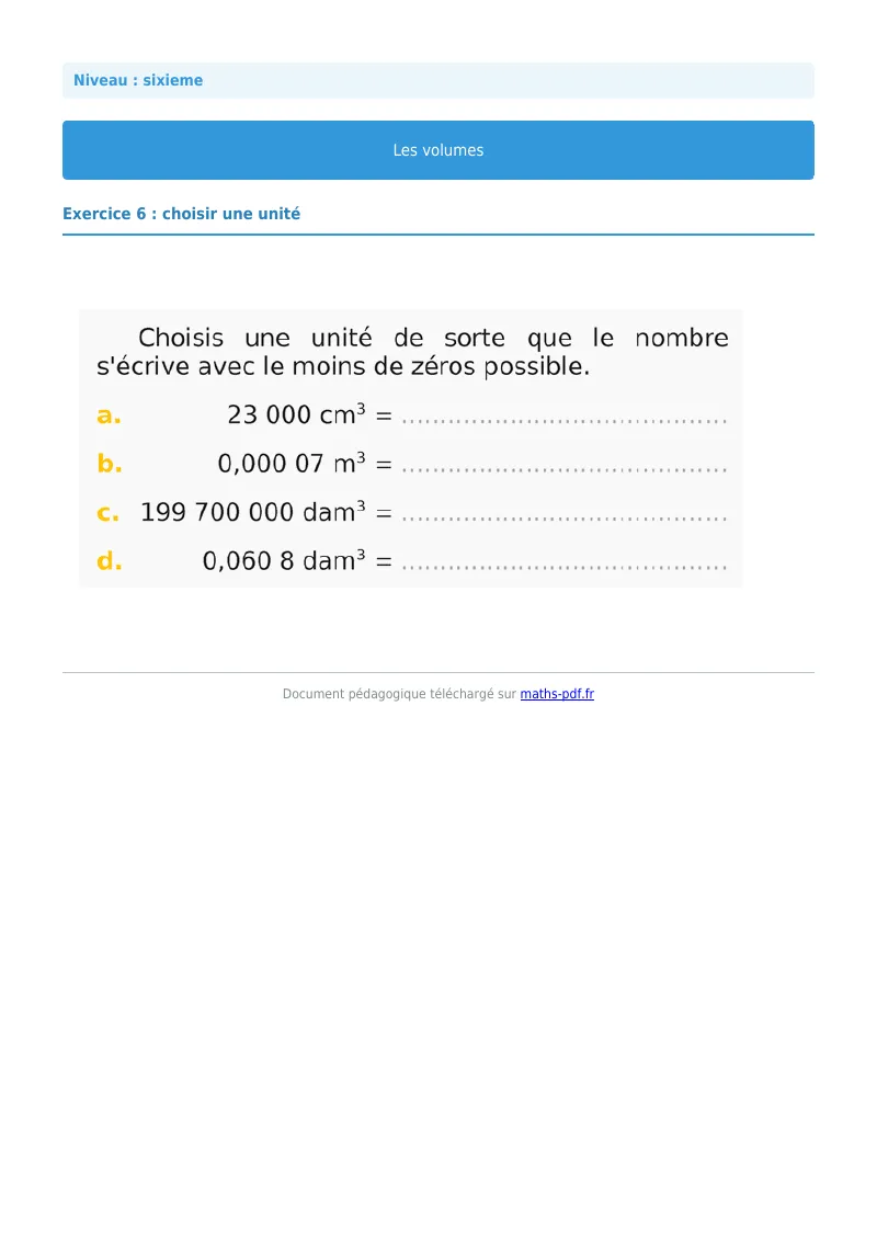 Volumes de solides : exercice n°6 de maths en 6ème corrigé en PDF