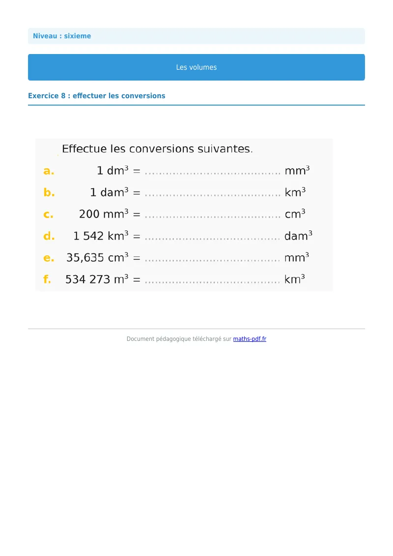 Volumes de solides : exercice n°8 de maths en 6ème corrigé en PDF