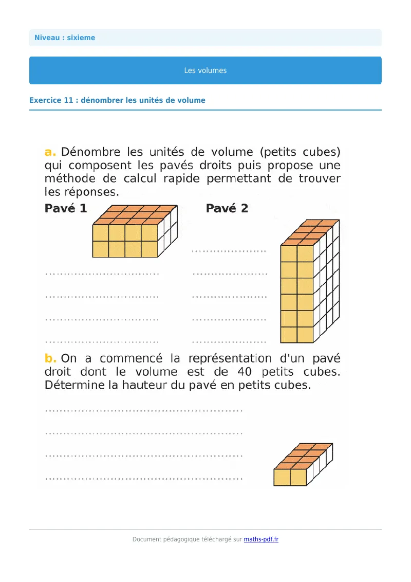 Volumes de solides : exercice n°11 de maths en 6ème corrigé en PDF