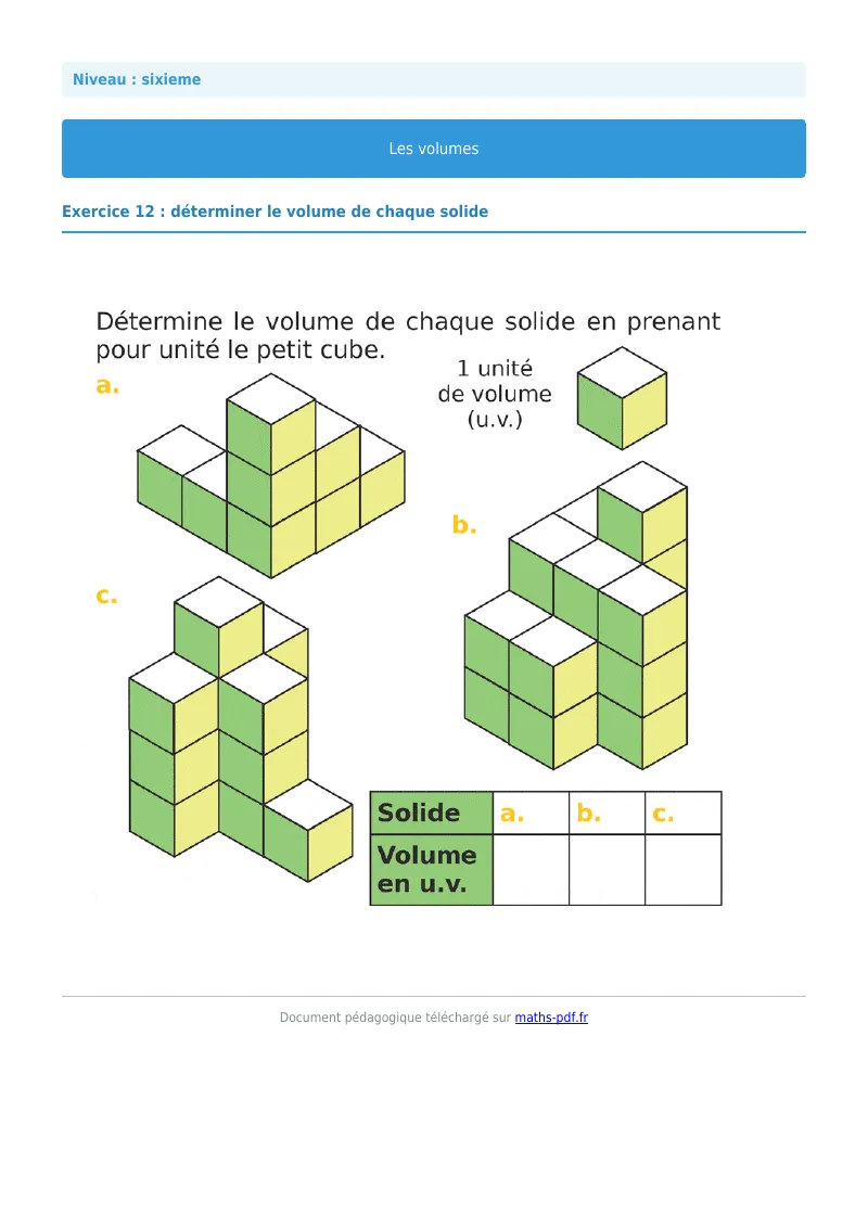 Volumes de solides : exercice n°12 de maths en 6ème corrigé en PDF