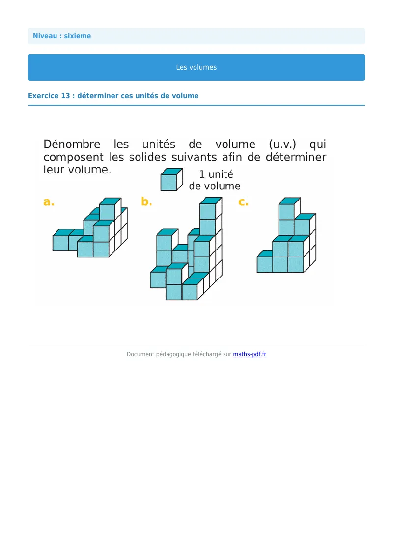 Volumes de solides : exercice n°13 de maths en 6ème corrigé en PDF