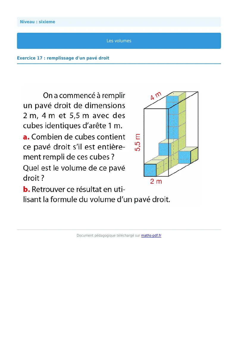 Volumes de solides : exercice n°17 de maths en 6ème corrigé en PDF