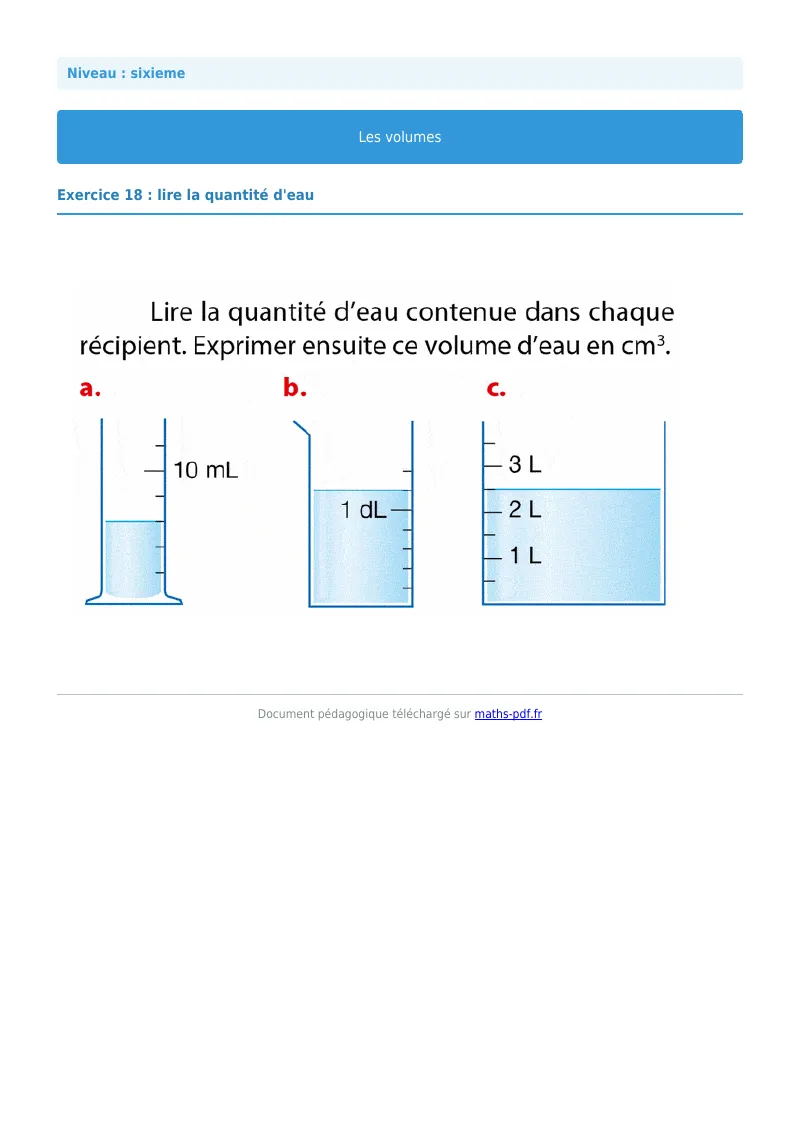 Volumes de solides : exercice n°18 de maths en 6ème corrigé en PDF